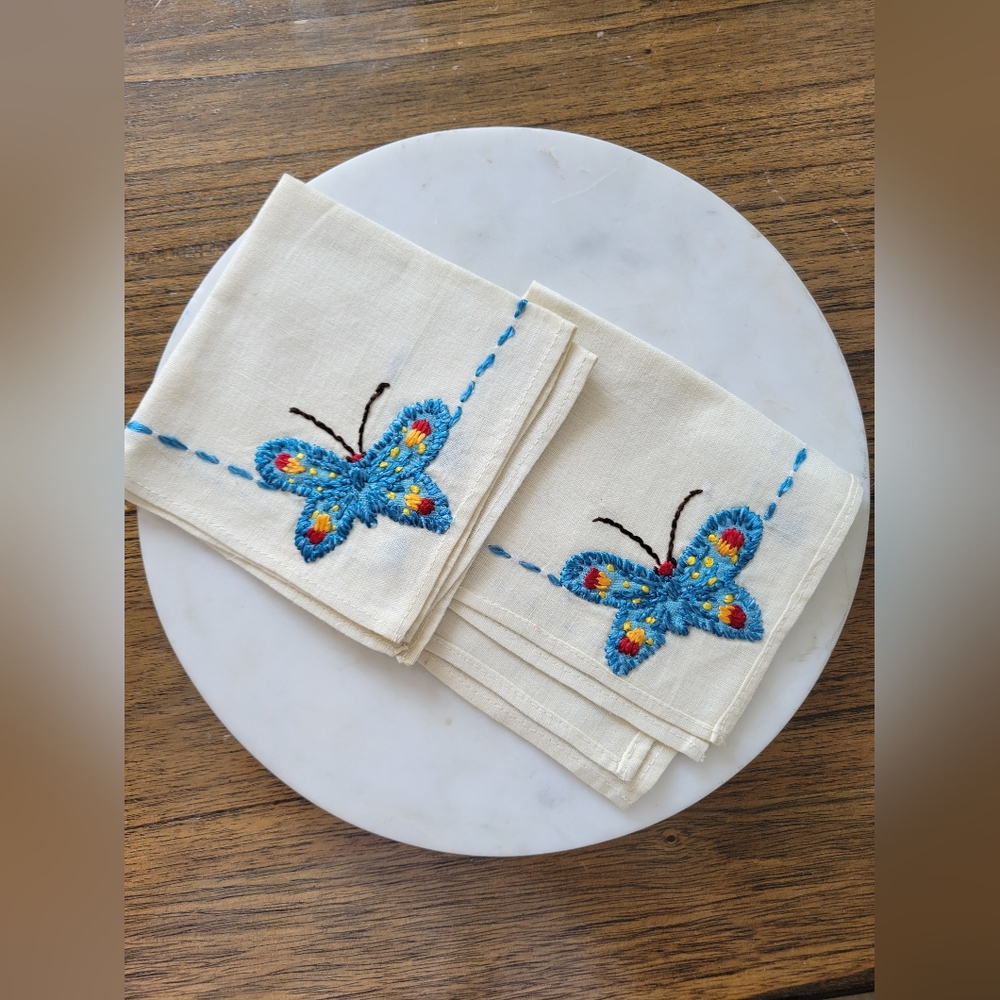 Vintage Blue butterfly embroidered hankies set of 2
